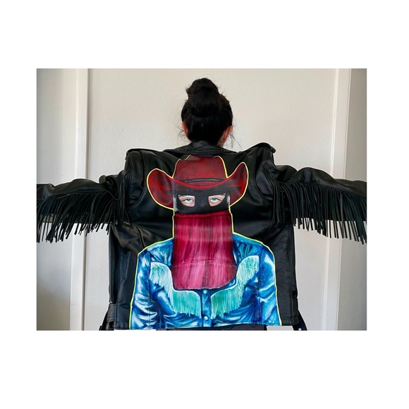 🌹🌵 Orville Peck 🌵🌹. Hand-Painter vintage front leather jacket - Picture 5 of 6